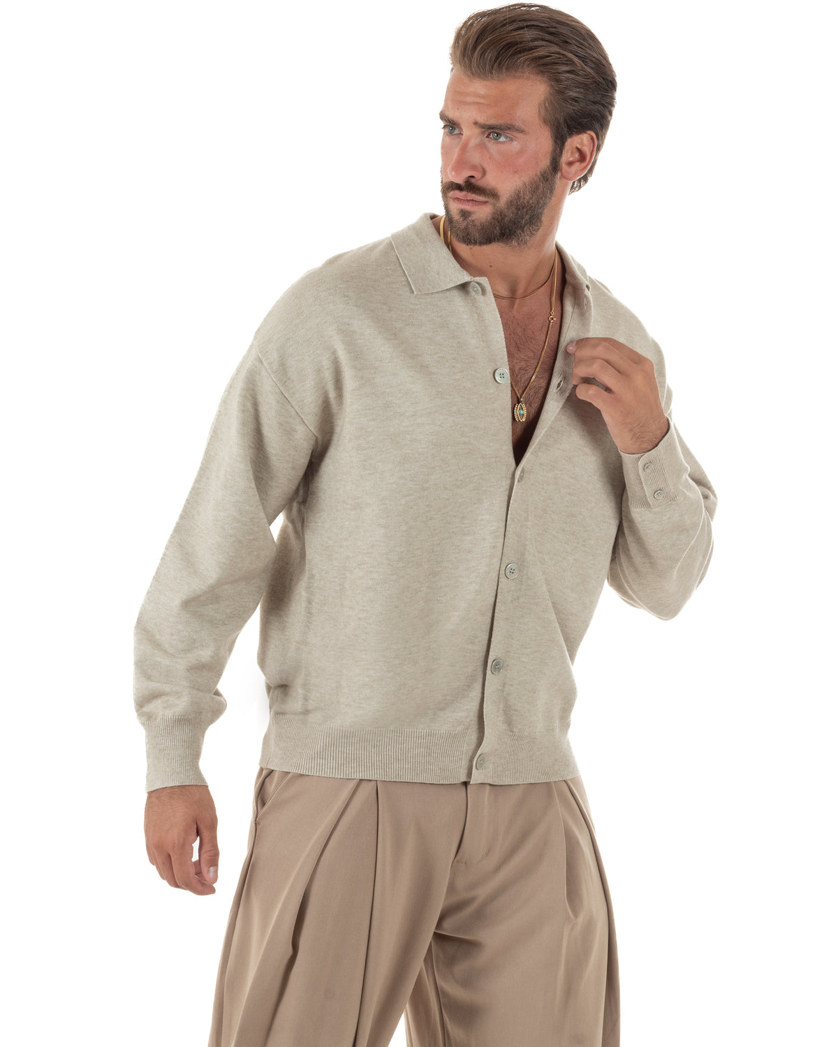 Cardigan uomo con bottoni maglione con colletto polo beige GIOSAL-M3108A