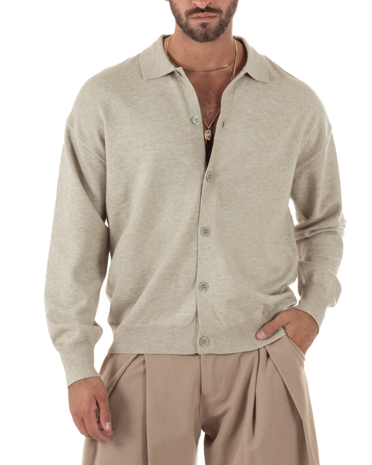 Cardigan uomo con bottoni maglione con colletto polo beige GIOSAL-M3108A