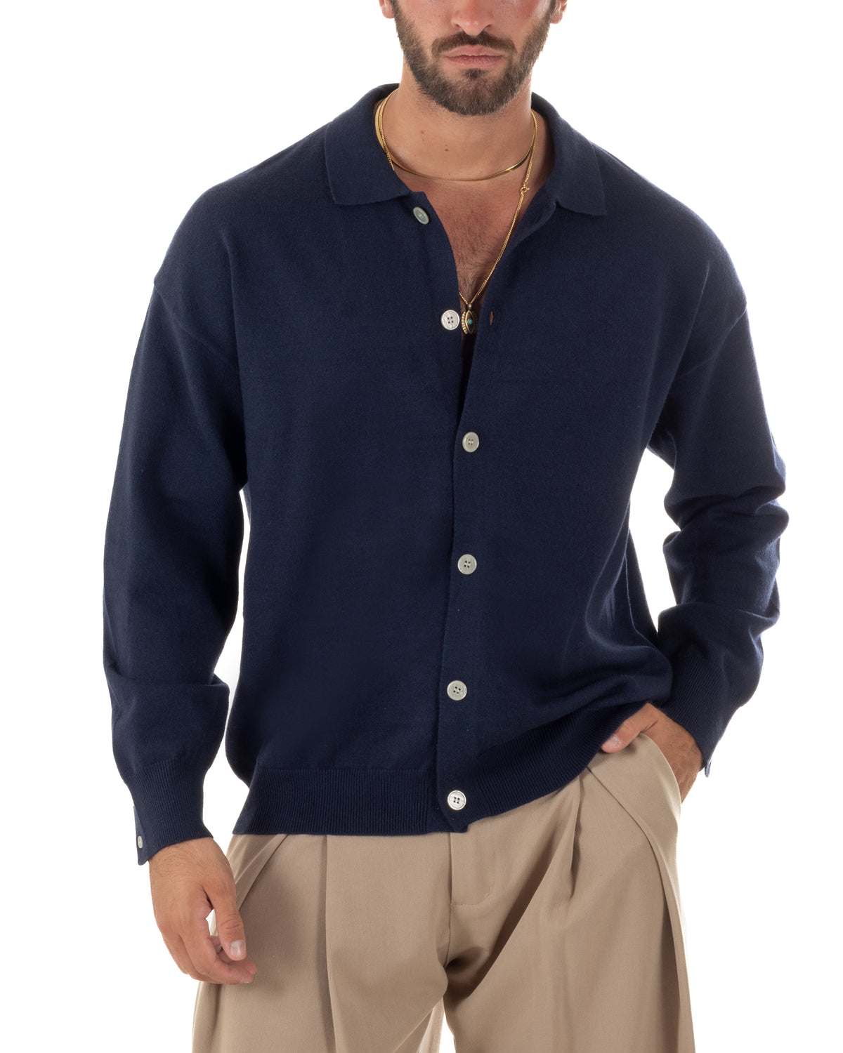 Cardigan uomo con bottoni maglione con colletto polo blu GIOSAL-M3109A