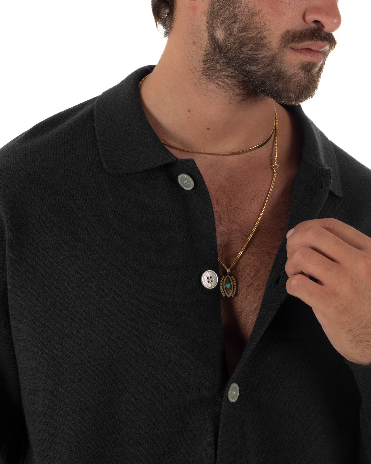 Cardigan uomo con bottoni maglione con colletto polo nero GIOSAL-M3110A