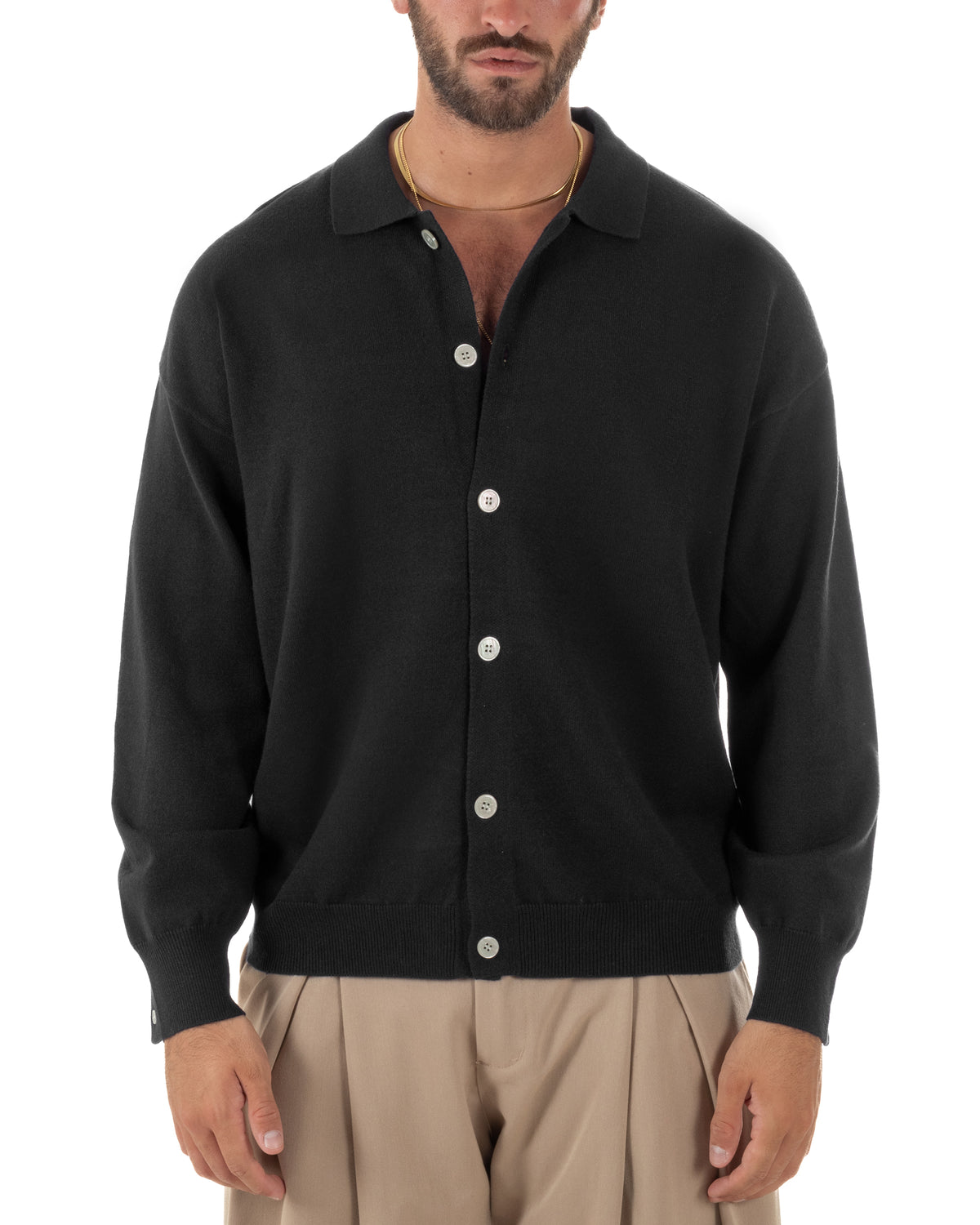 Cardigan uomo con bottoni maglione con colletto polo nero GIOSAL-M3110A