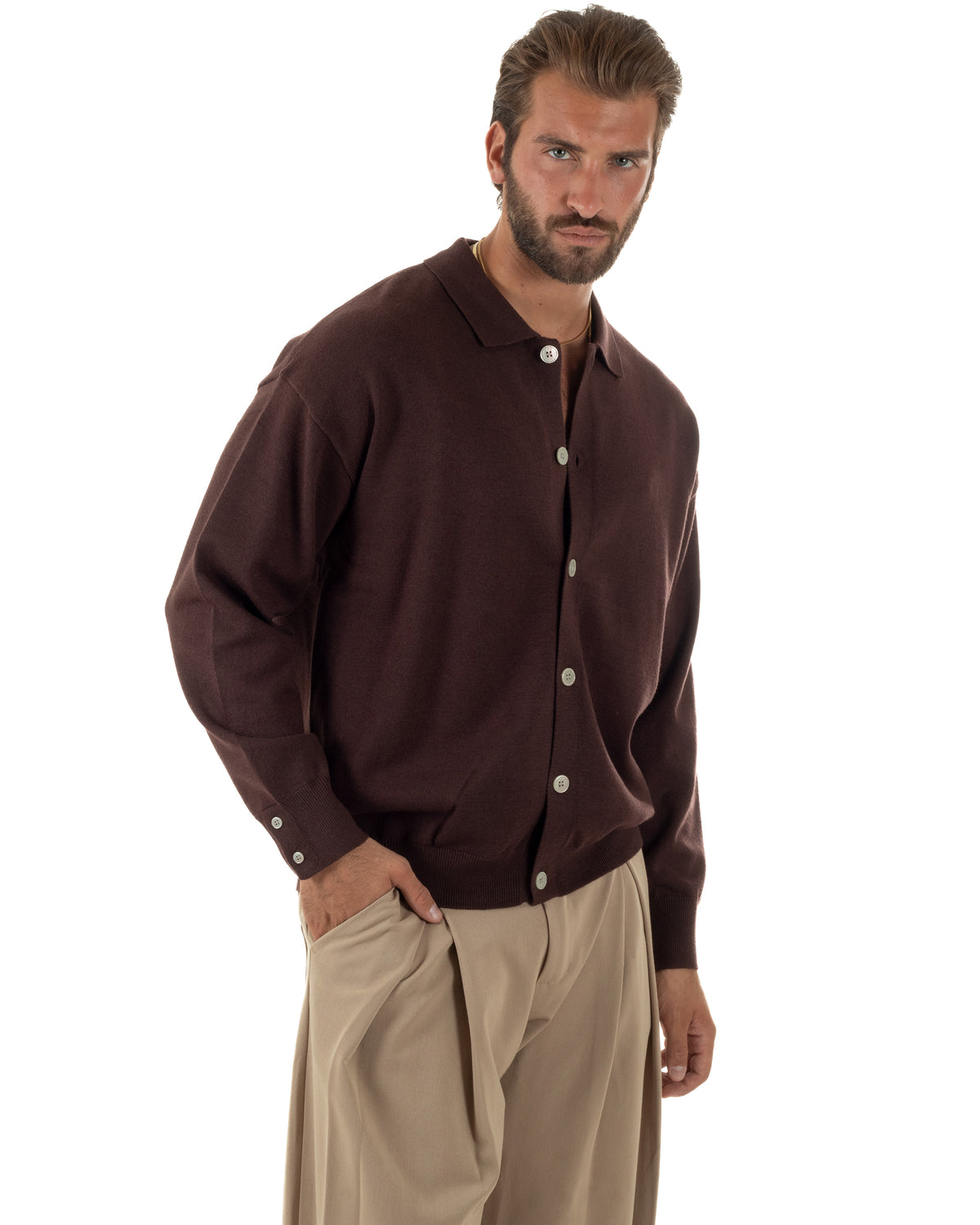Cardigan uomo con bottoni maglione con colletto polo marrone GIOSAL-M3111A
