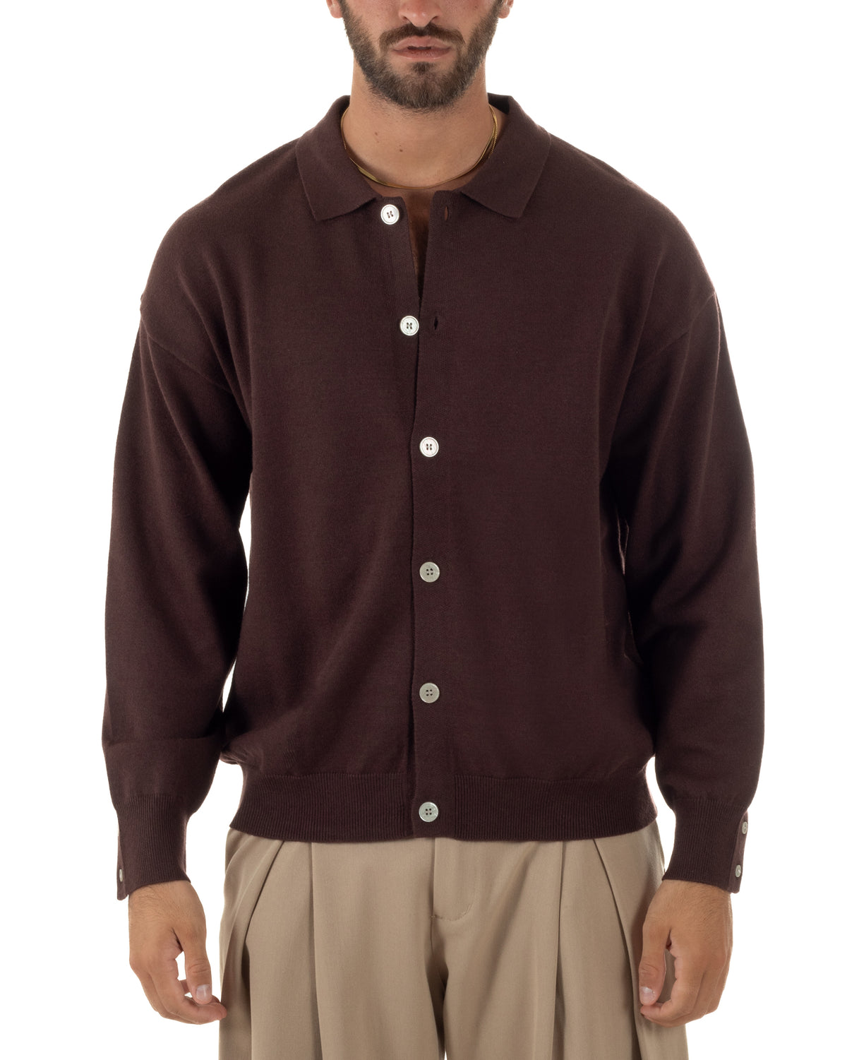 Cardigan uomo con bottoni maglione con colletto polo marrone GIOSAL-M3111A