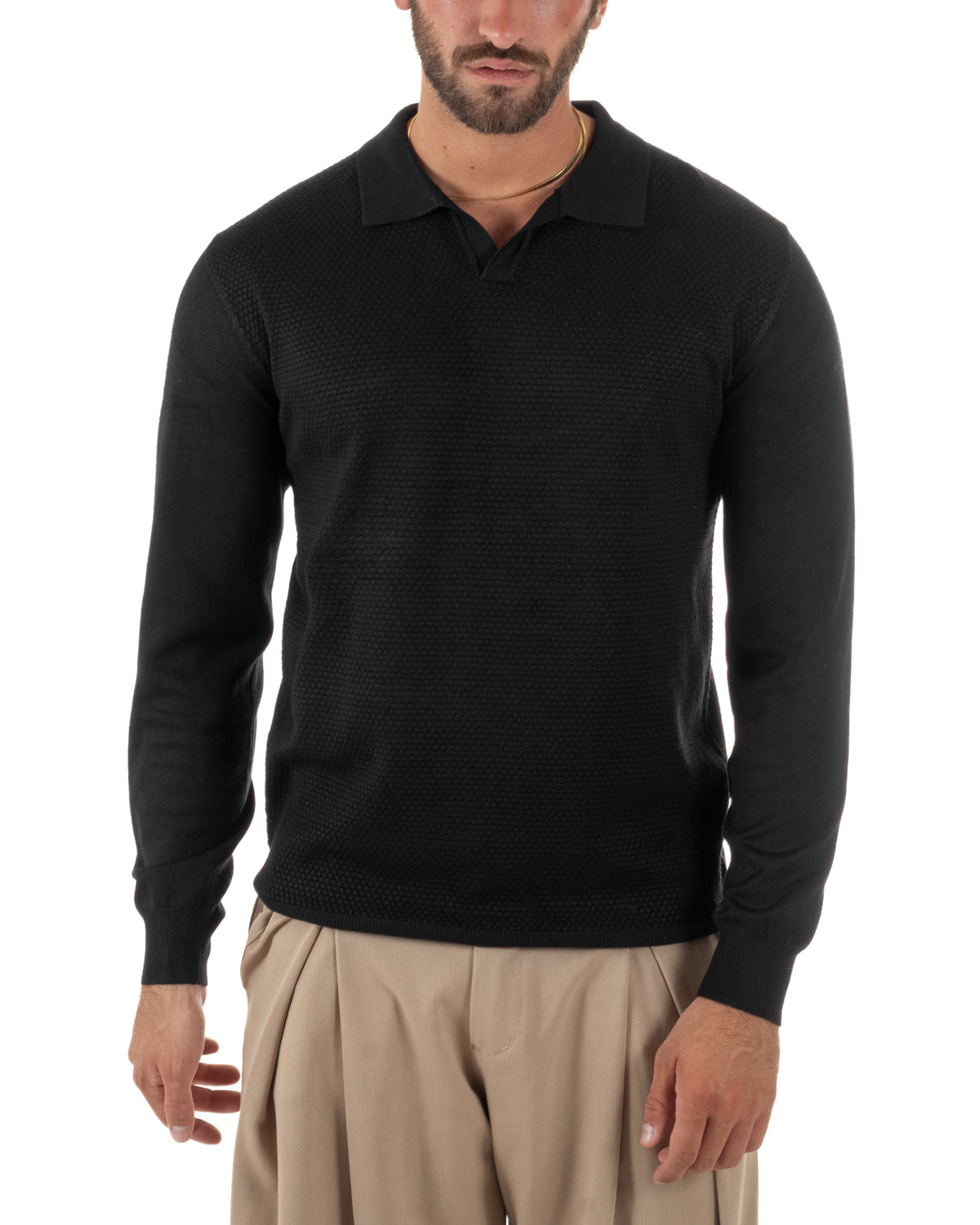 Maglioncino uomo nero in maglia nido d’ape con colletto polo
