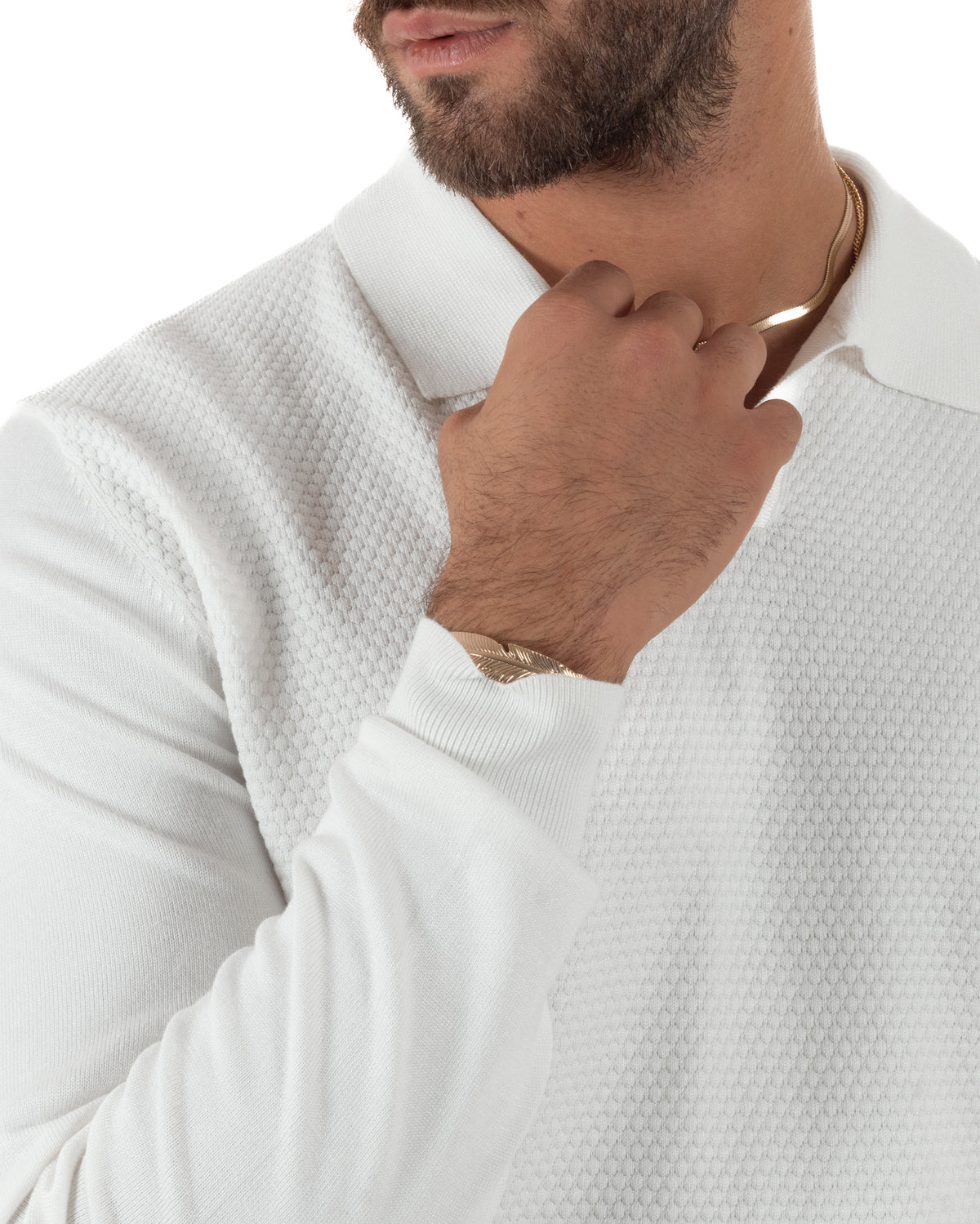 Maglia uomo bianca con colletto polo e texture tridimensionale