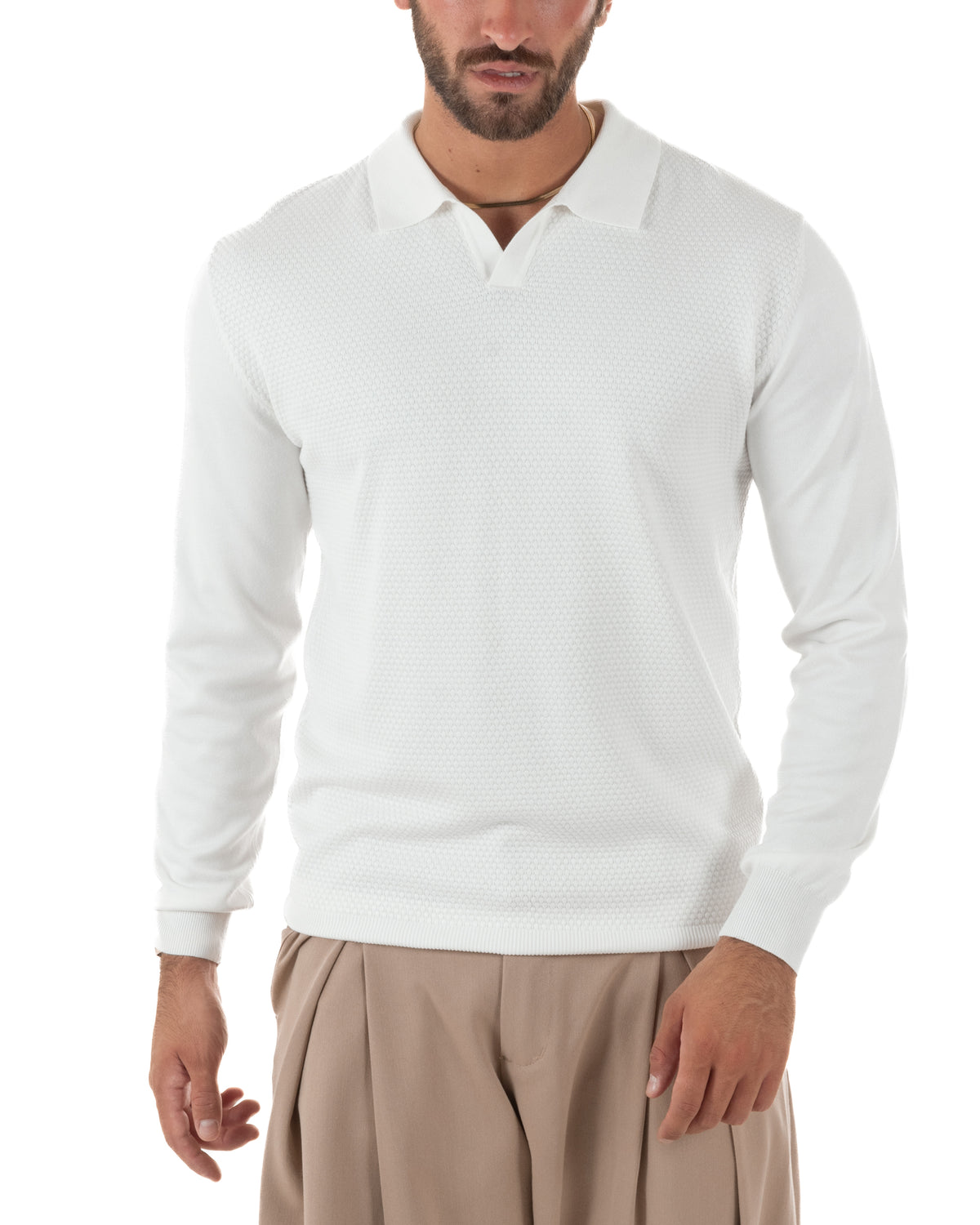 Maglioncino uomo bianco in maglia nido d’ape con colletto polo