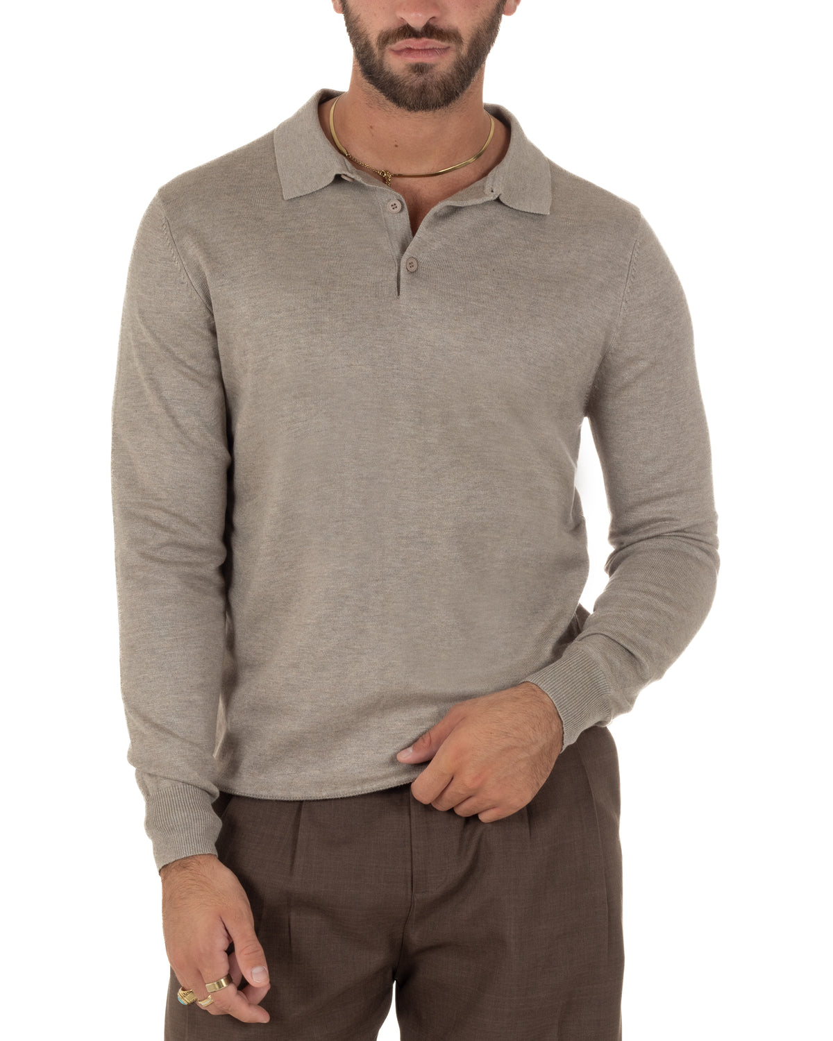 Maglioncino uomo beige melangiato con colletto polo
