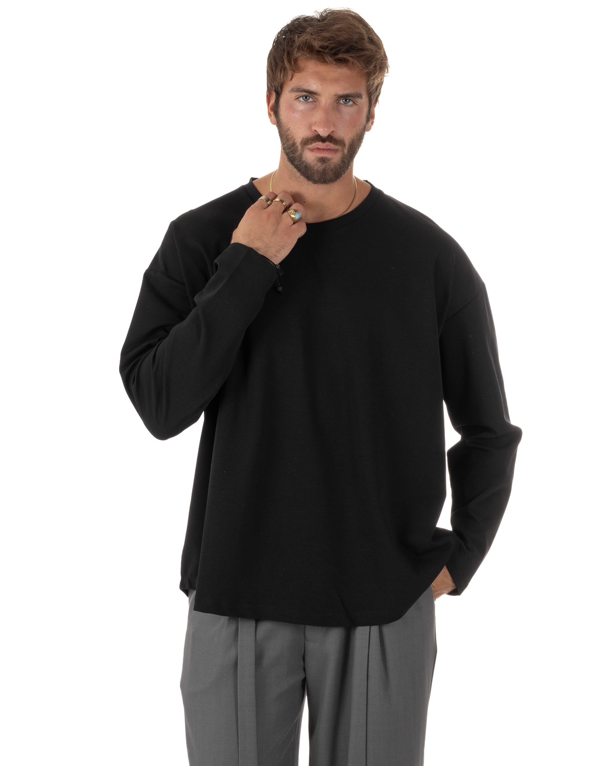 Maglia uomo girocollo t-shirt oversize long sleeve nero GIOSAL-M3117A