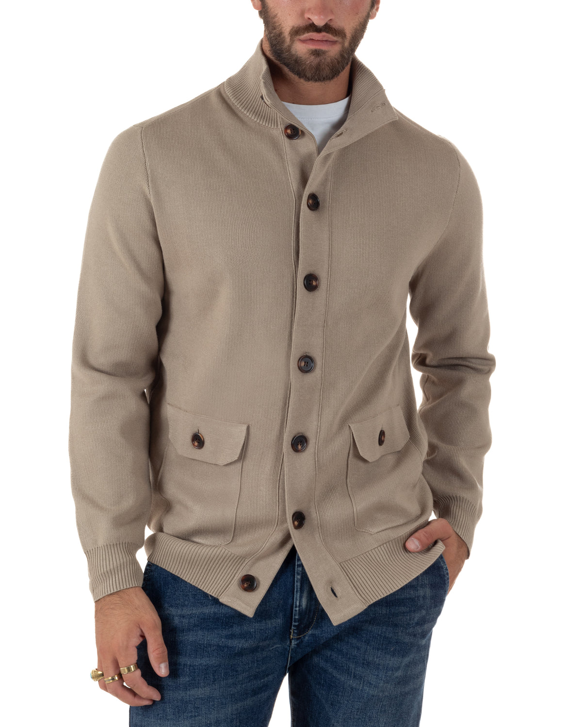 Cardigan uomo maglia con collo bottoni giacca beige GIOSAL-M3122A