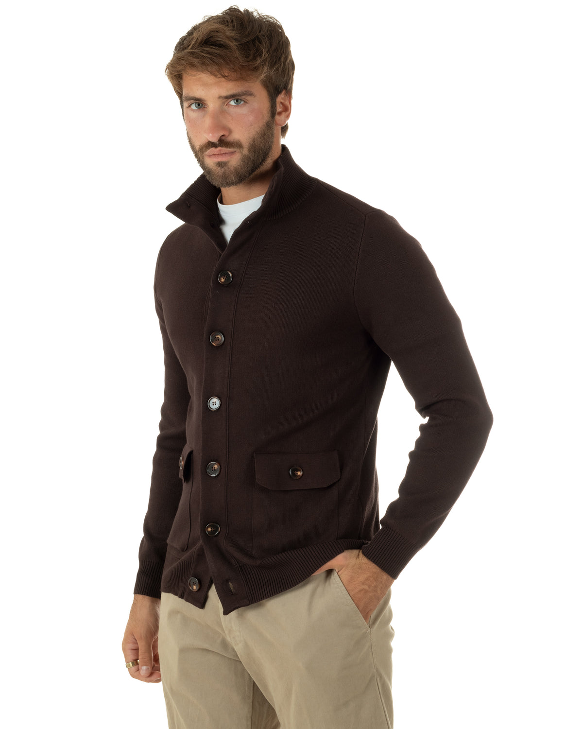 Cardigan uomo maglia con collo bottoni giacca marrone GIOSAL-M3125A