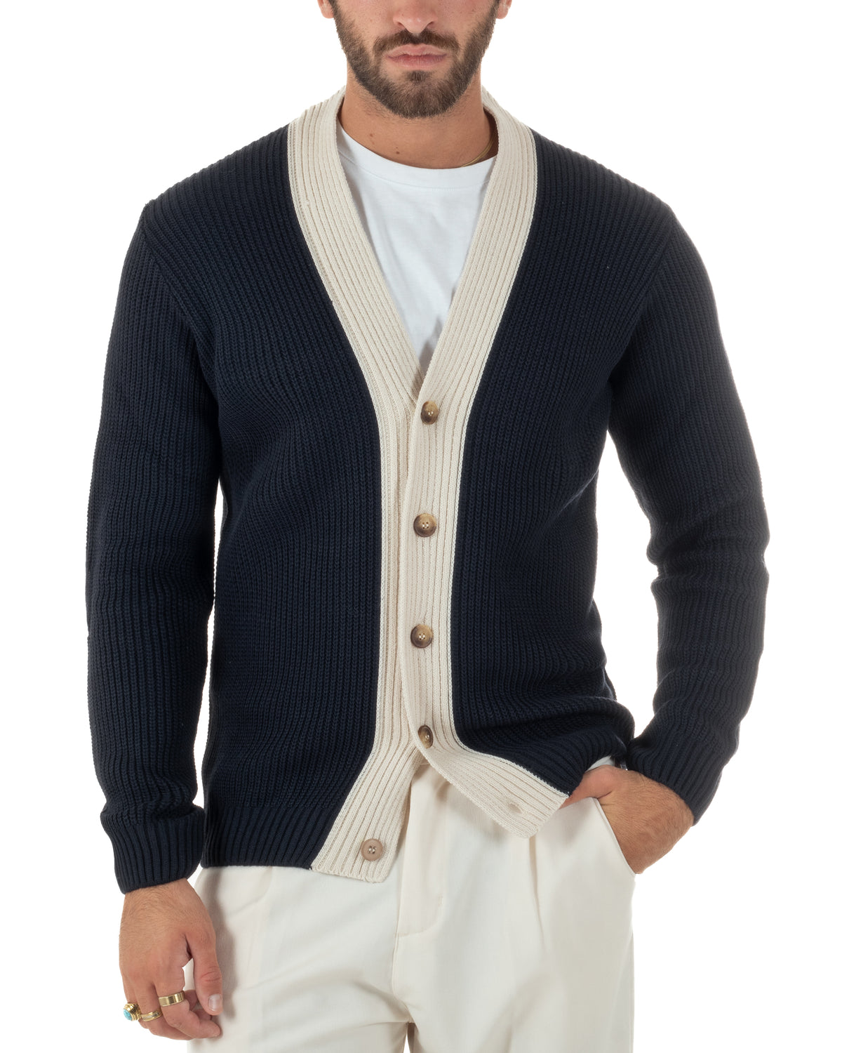 Cardigan giacca sciallata uomo maglia inglese con bottoni a contrasto blu BlackSunday-M3126A