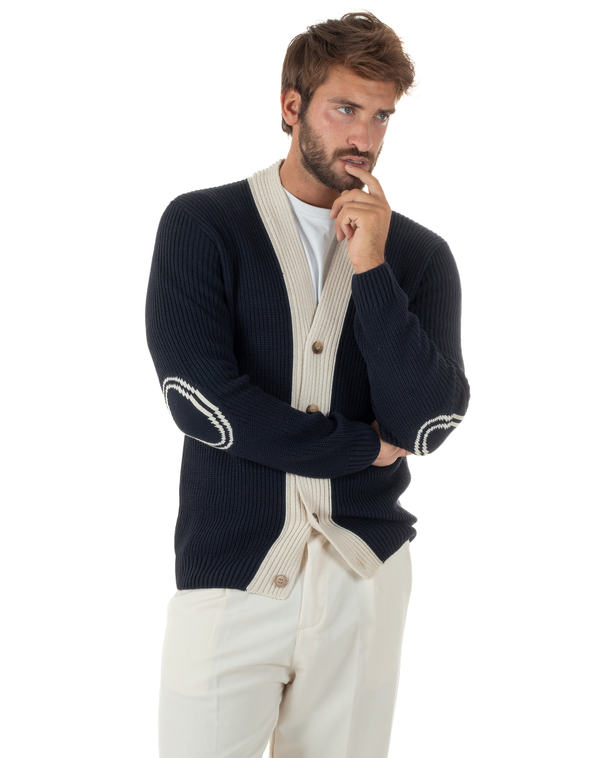 Cardigan giacca sciallata uomo maglia inglese con bottoni a contrasto blu BlackSunday-M3126A
