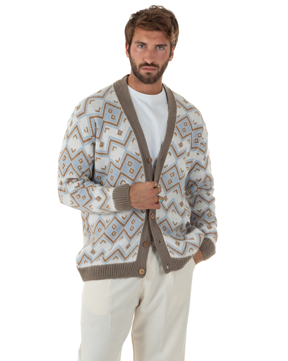 Cardigan giacca sciallata uomo maglia con bottoni fantasia geometrica tortora BlackSunday-M3127A