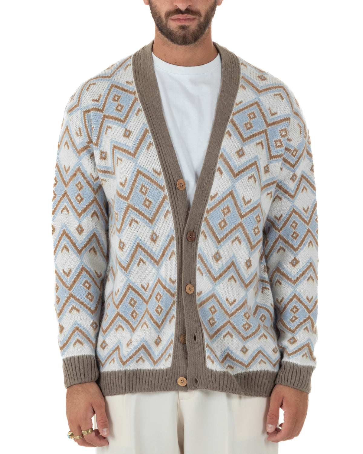 Cardigan giacca sciallata uomo maglia con bottoni fantasia geometrica tortora BlackSunday-M3127A