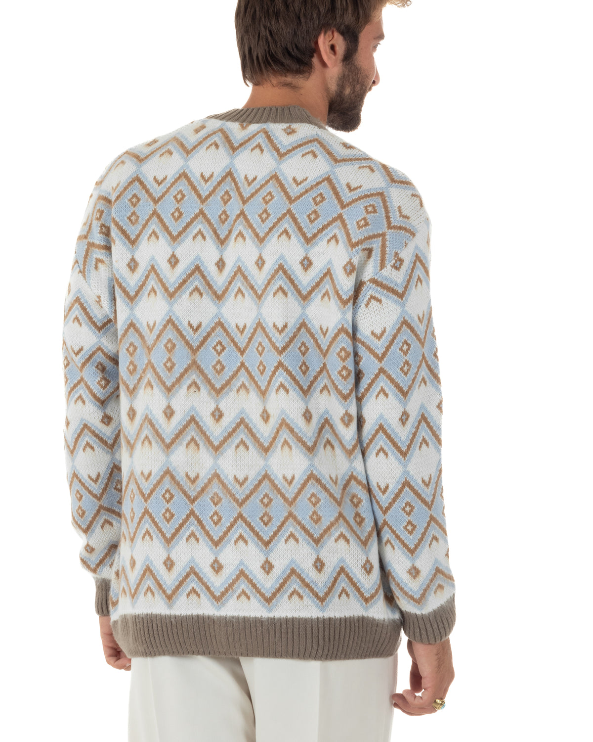 Cardigan giacca sciallata uomo maglia con bottoni fantasia geometrica tortora BlackSunday-M3127A