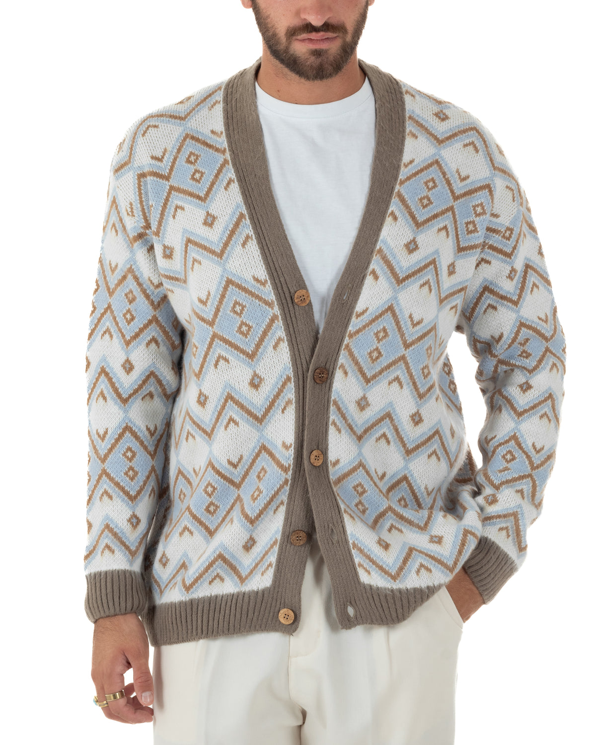 Cardigan giacca sciallata uomo maglia con bottoni fantasia geometrica tortora BlackSunday-M3127A