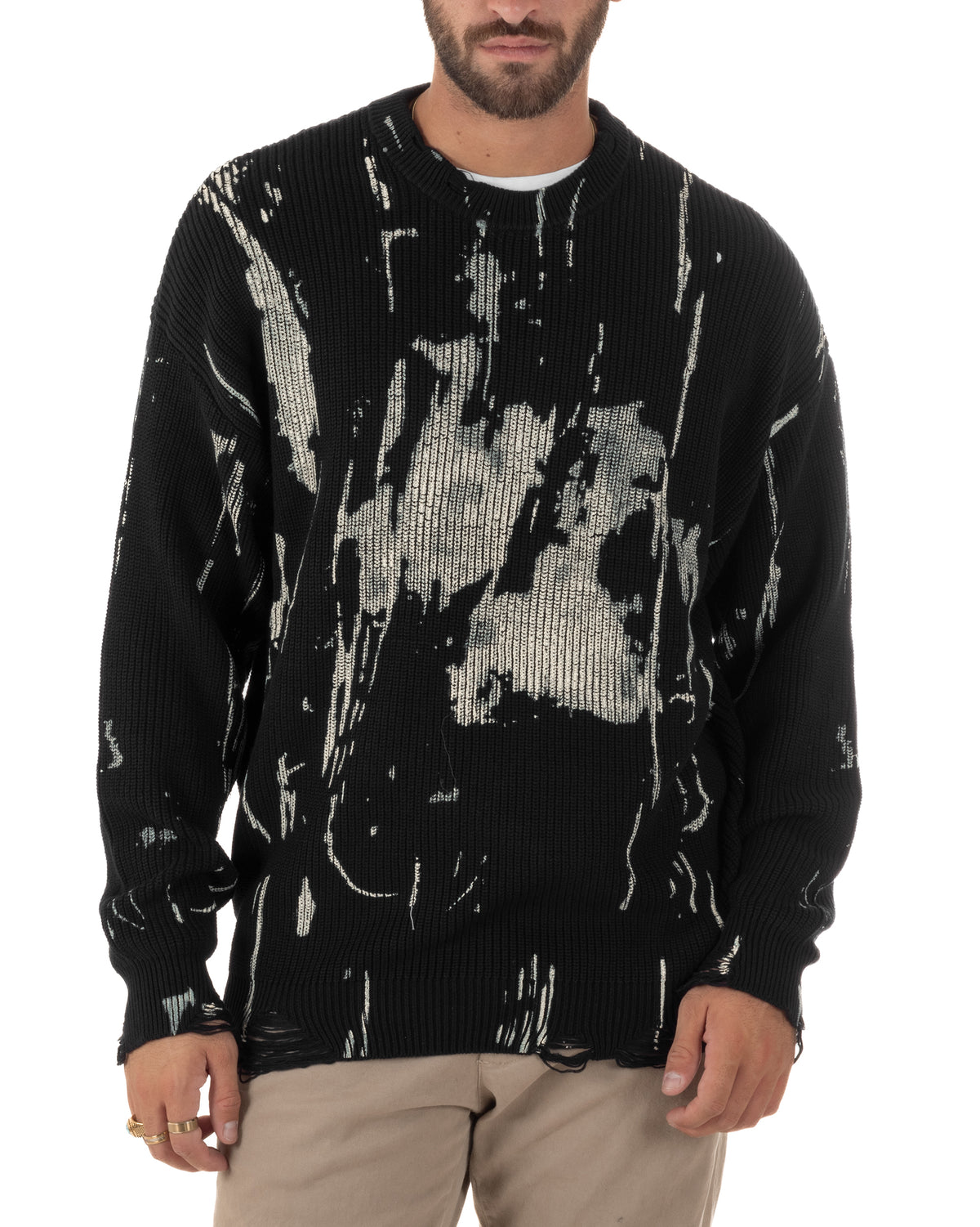 Maglia uomo nera GIOSAL oversize con fantasia astratta chiara, girocollo e spalle scese.