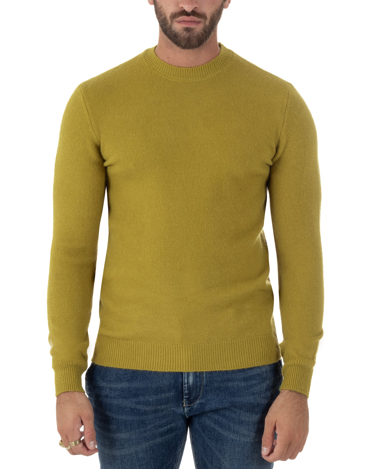 Maglioncino uomo girocollo ciniglia caldo basic verde ocra GIOSAL-M3133A