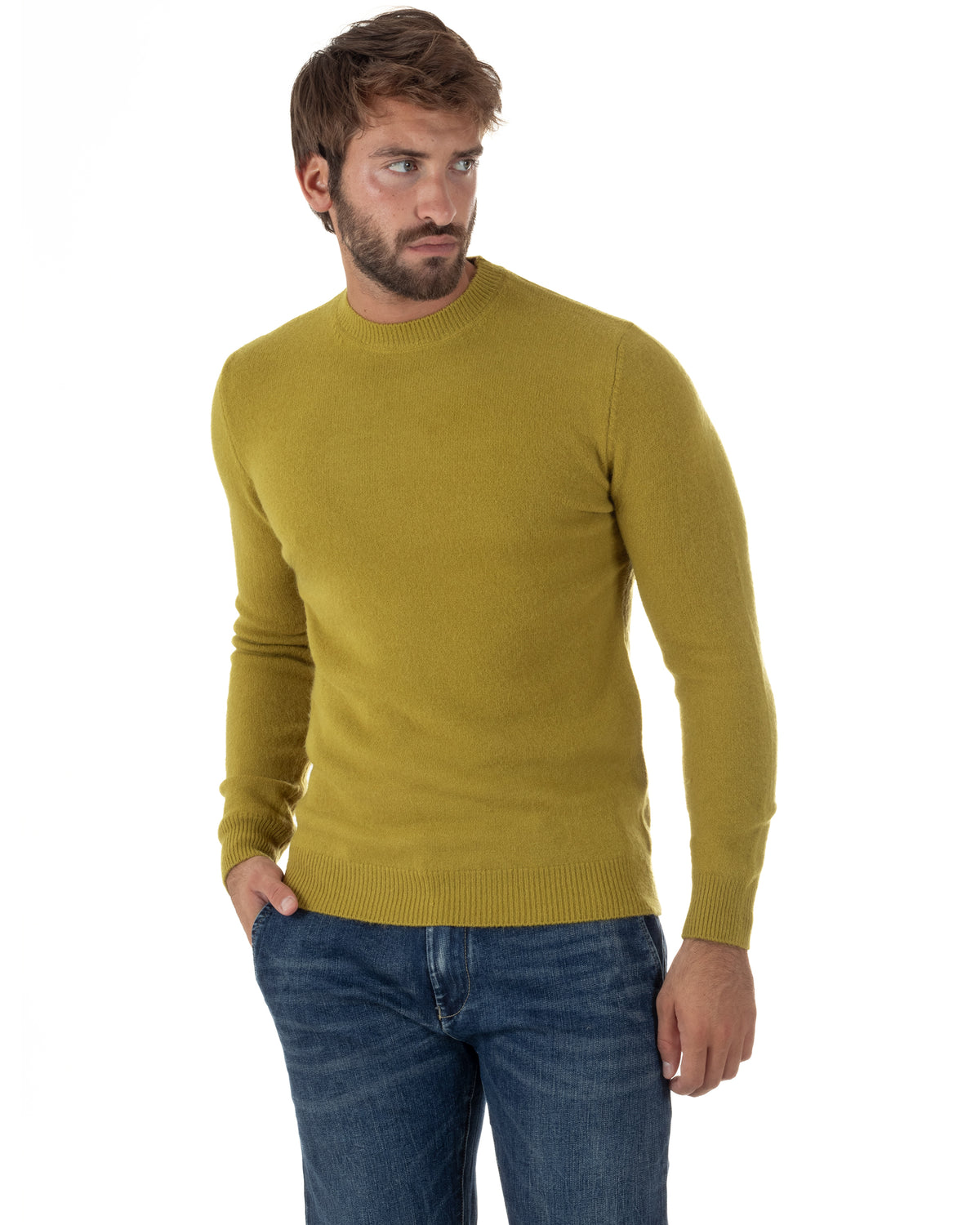 Maglioncino uomo girocollo ciniglia caldo basic verde ocra GIOSAL-M3133A