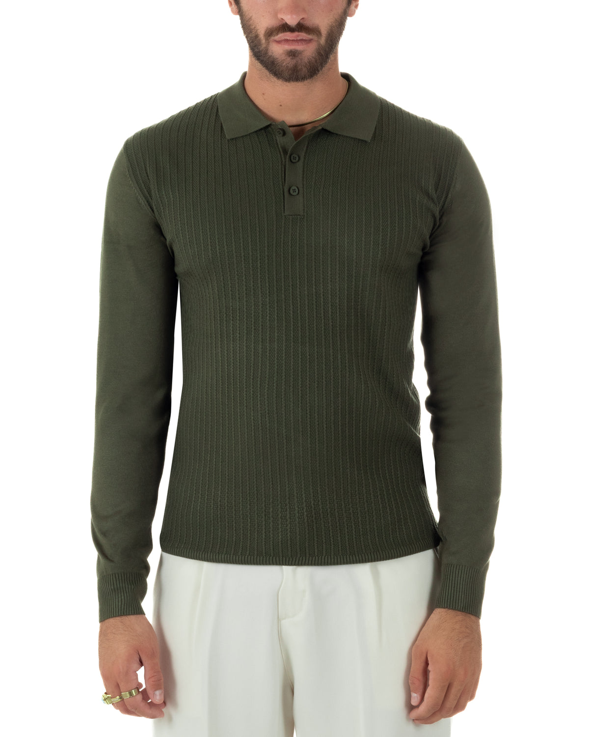 Polo maglia uomo colletto con bottoni coste verticali verde GIOSAL-M3134A