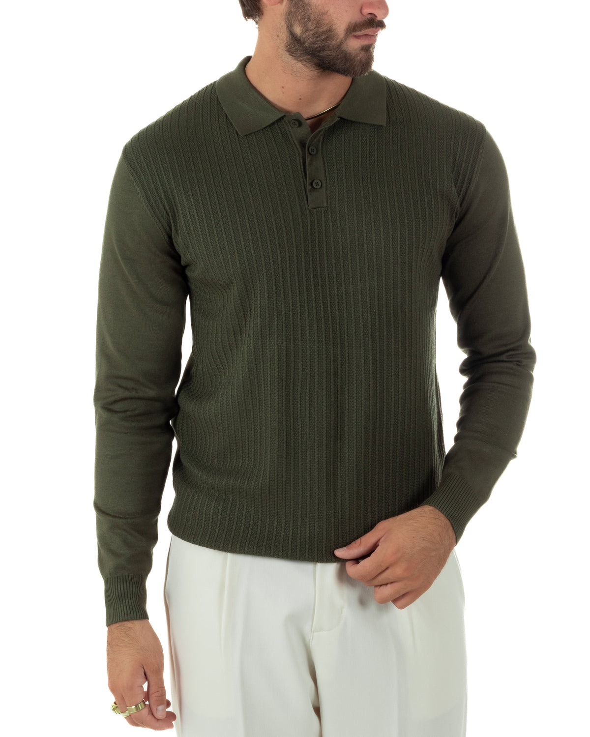 Polo maglia uomo colletto con bottoni coste verticali verde GIOSAL-M3134A