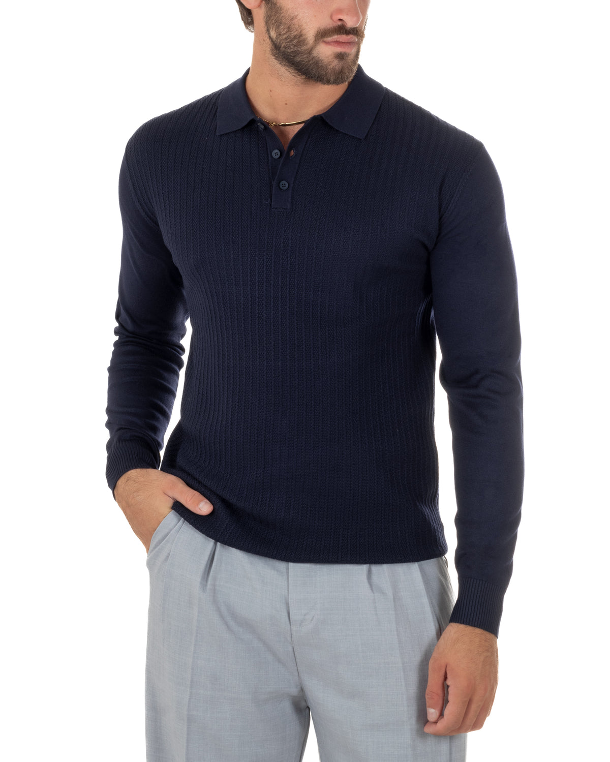 Polo maglia uomo colletto con bottoni coste verticali blu GIOSAL-M3135A