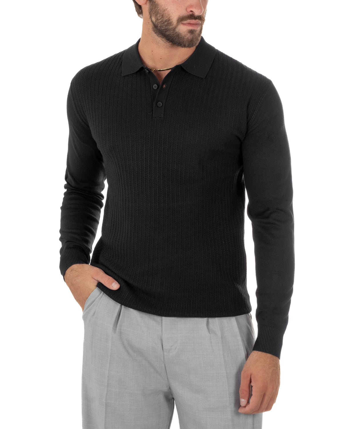Polo maglia uomo colletto con bottoni coste verticali nero GIOSAL-M3136A