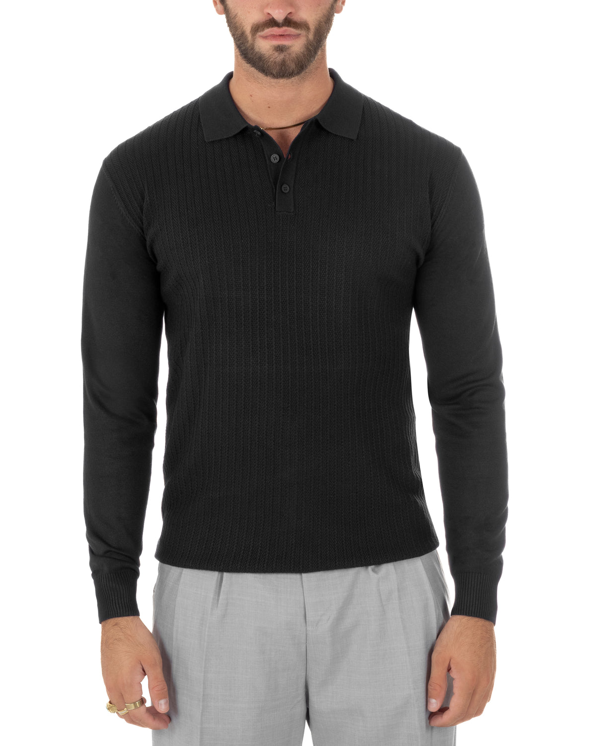 Polo maglia uomo colletto con bottoni coste verticali nero GIOSAL-M3136A