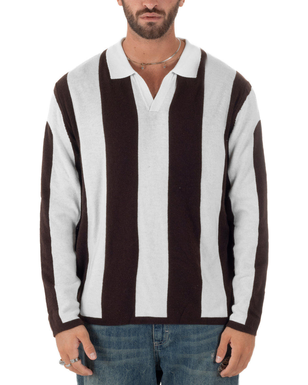 Maglioncino soccer polo uomo college a righe verticali marrone Berna- M 262269-346