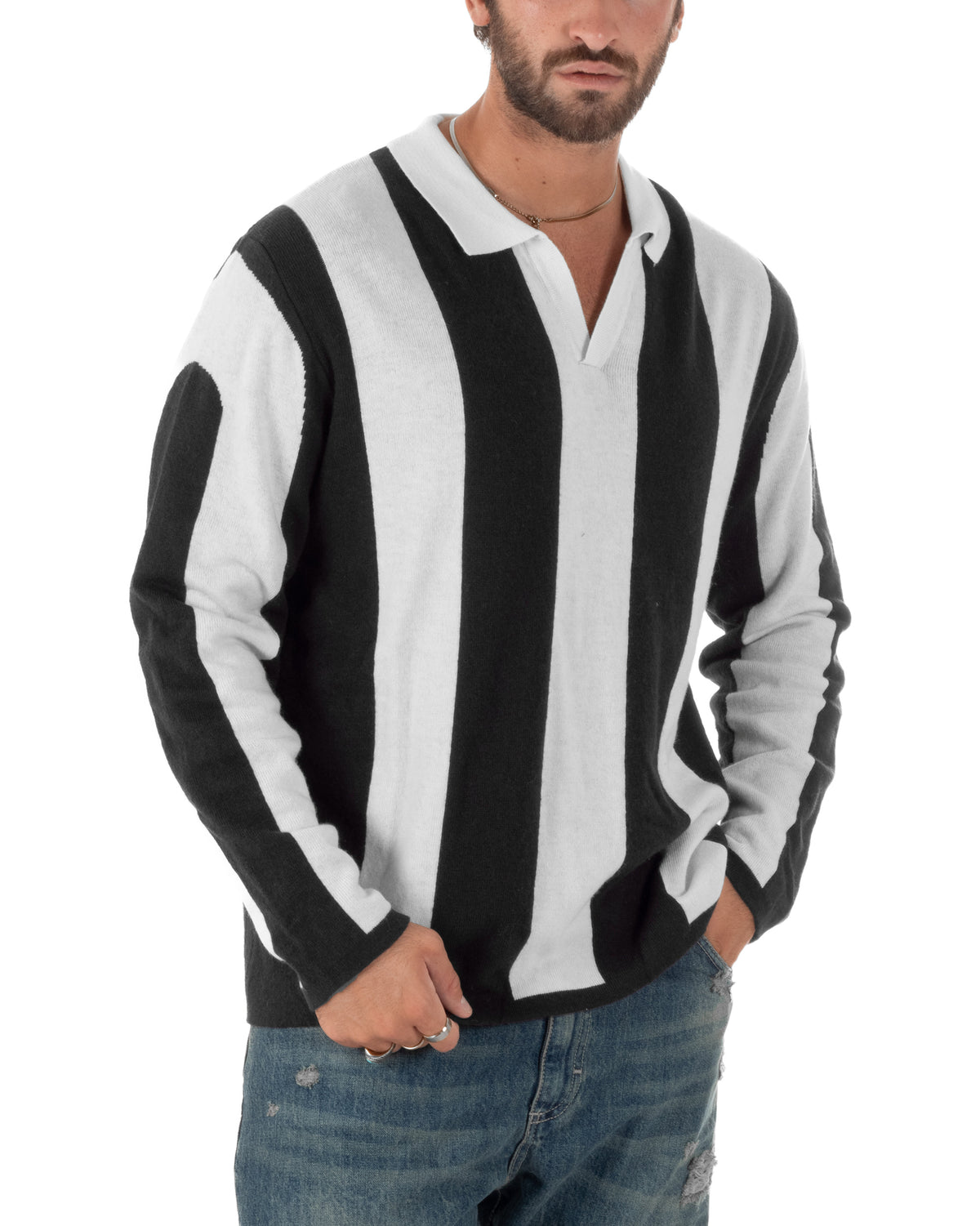 Maglioncino soccer polo uomo college a righe verticali nero Berna- M 262269-346