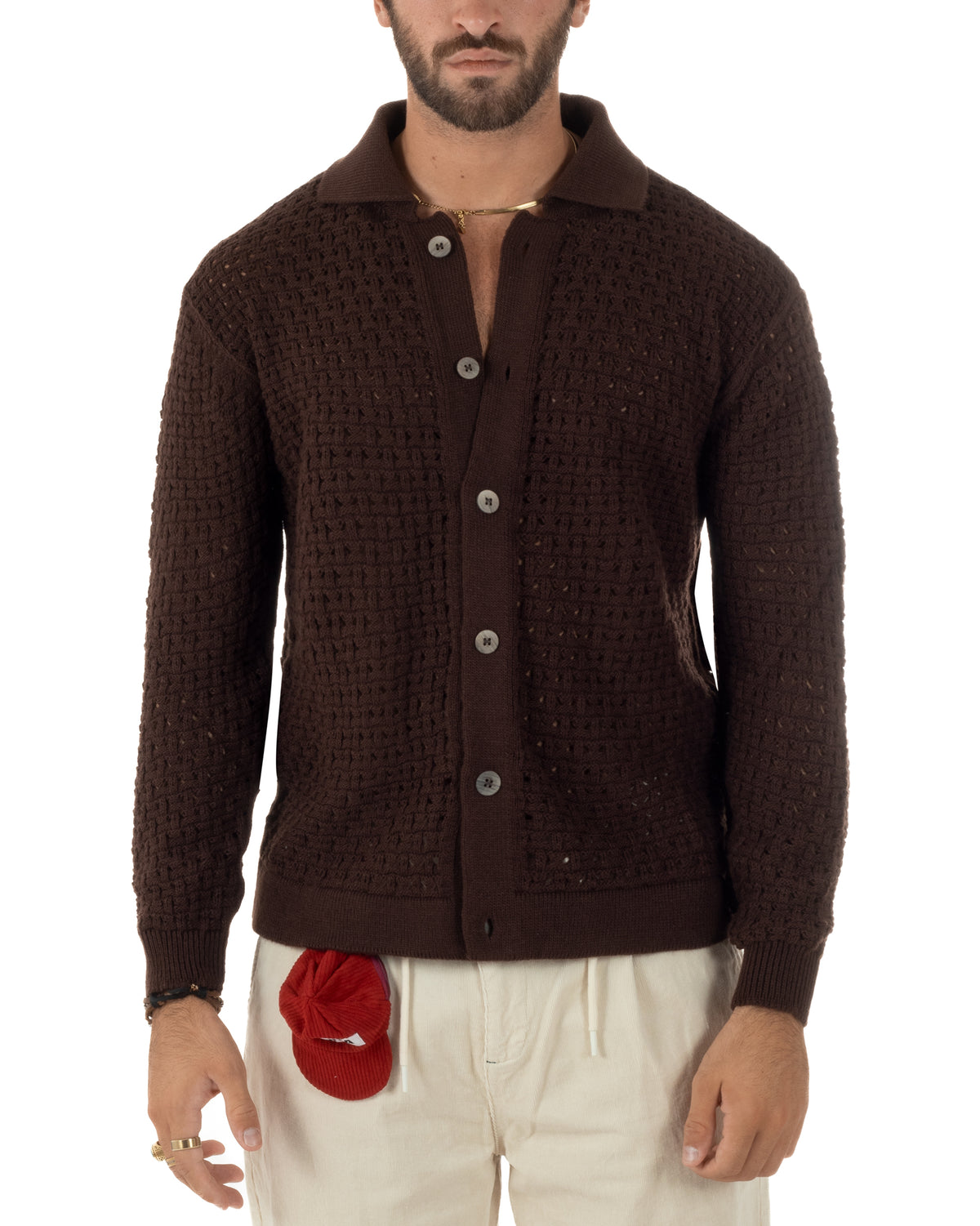 Cardigan uomo traforato con colletto polo e bottoni marrone Berna-M 262013-134