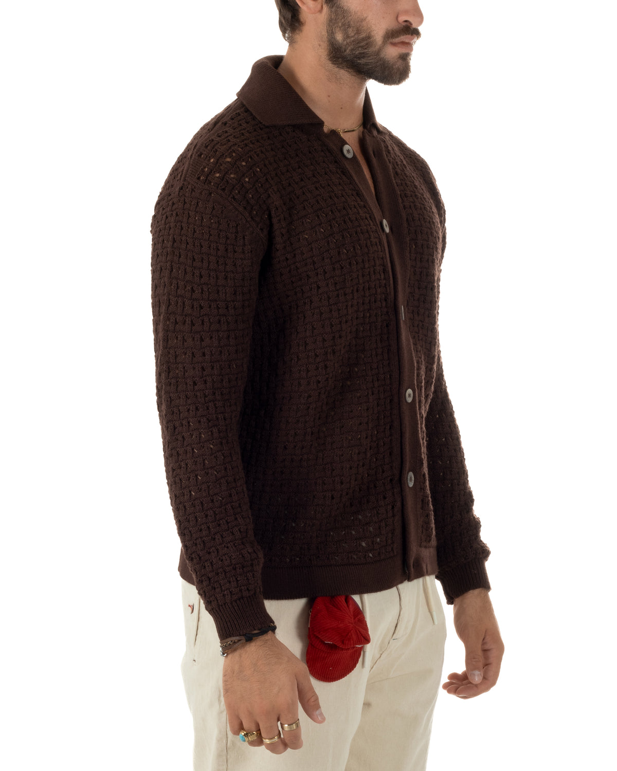 Cardigan uomo traforato con colletto polo e bottoni marrone Berna-M 262013-134