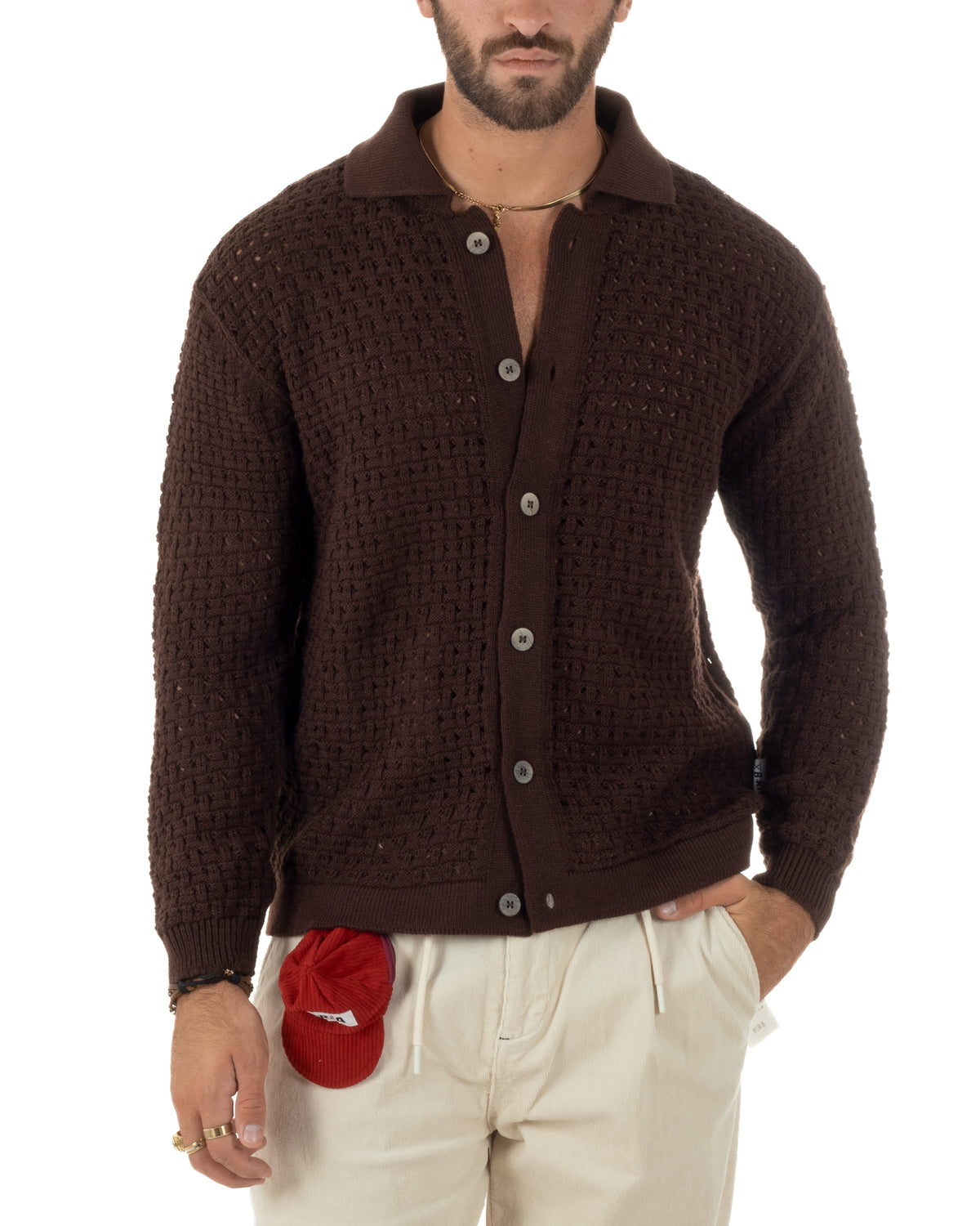 Cardigan uomo traforato con colletto polo e bottoni marrone Berna-M 262013-134