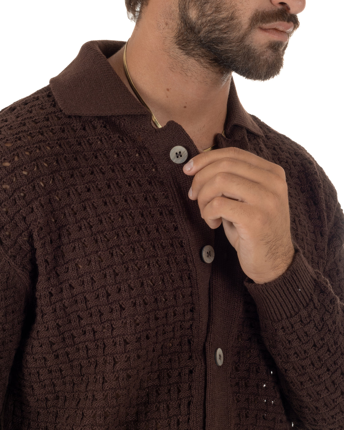 Cardigan uomo traforato con colletto polo e bottoni marrone Berna-M 262013-134