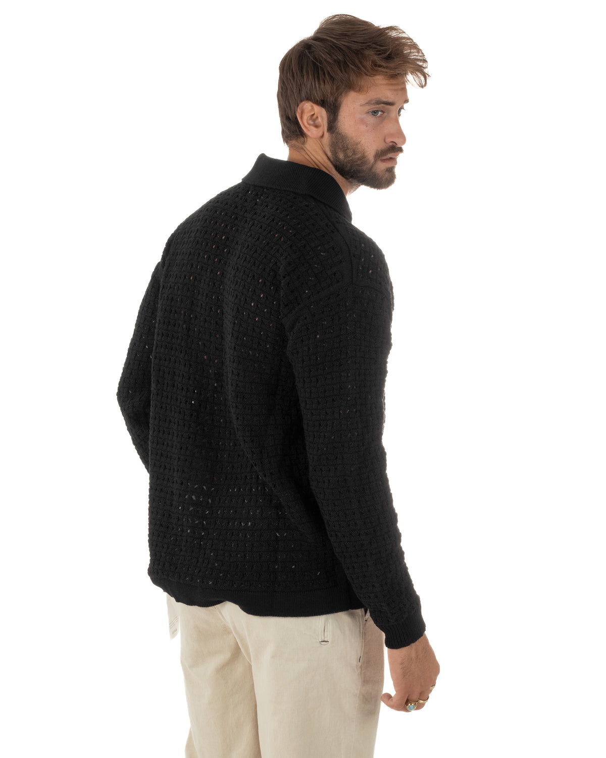Cardigan uomo traforato con colletto polo e bottoni nero Berna-M 262013-134