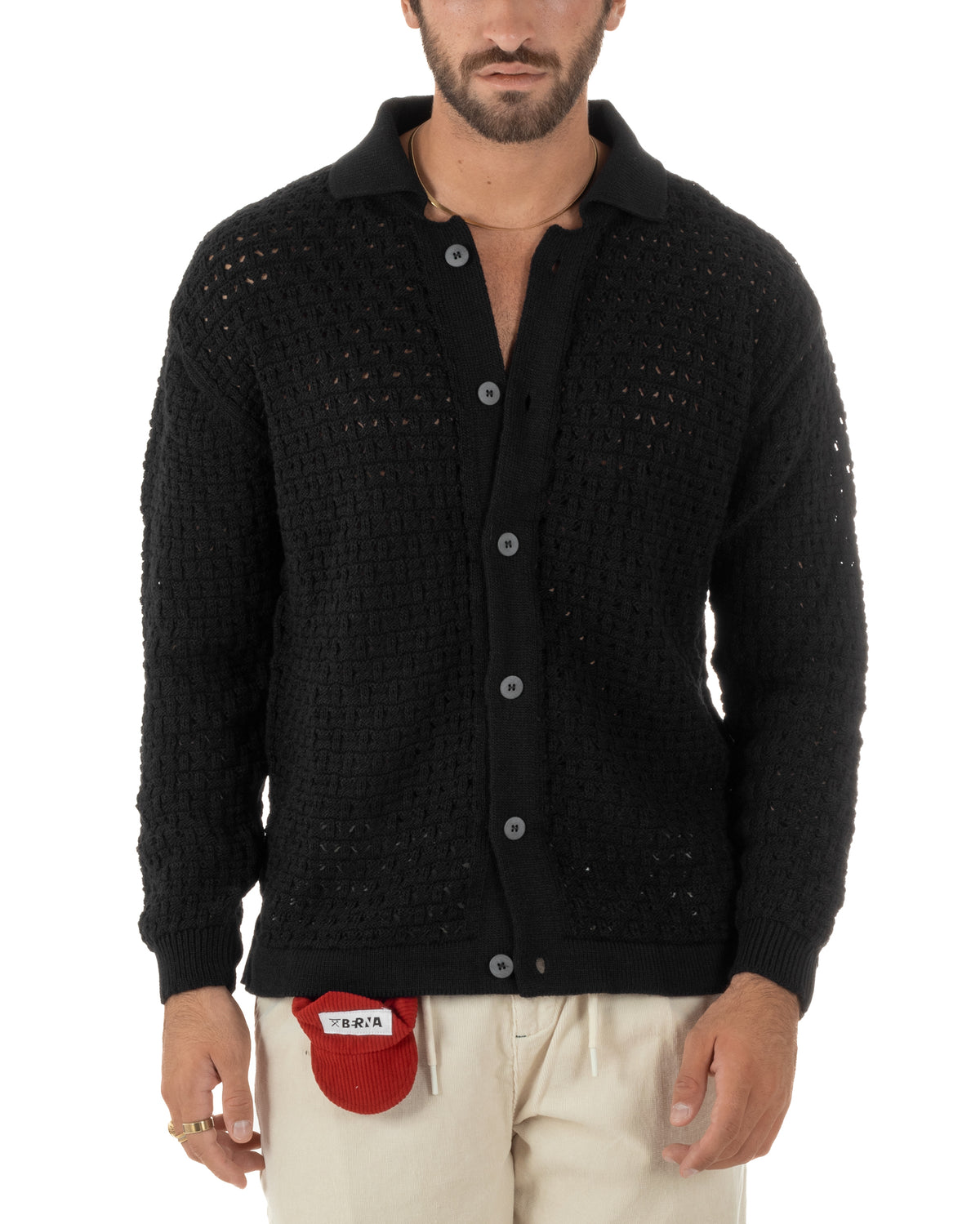 Cardigan uomo traforato con colletto polo e bottoni nero Berna-M 262013-134