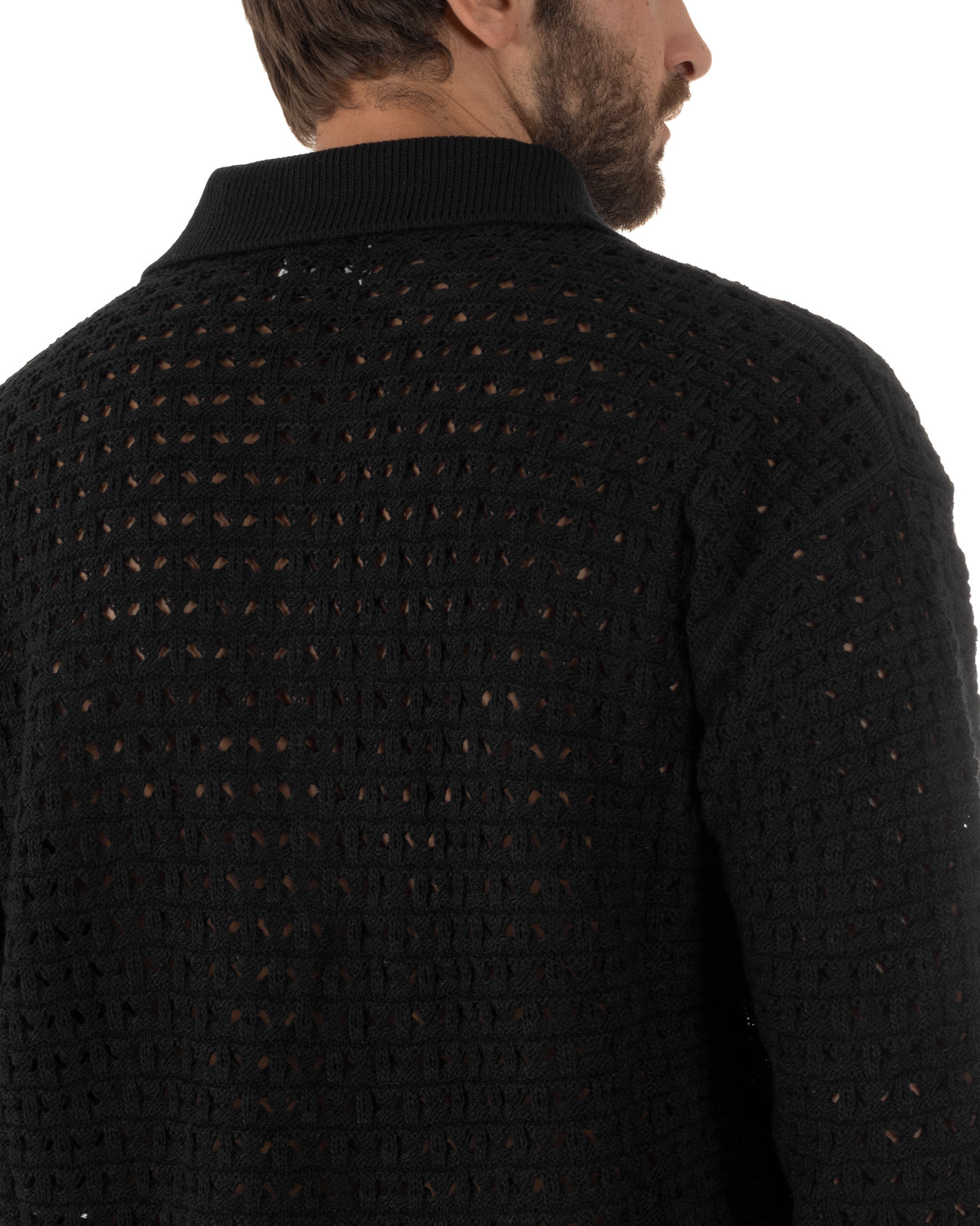 Cardigan uomo traforato con colletto polo e bottoni nero Berna-M 262013-134