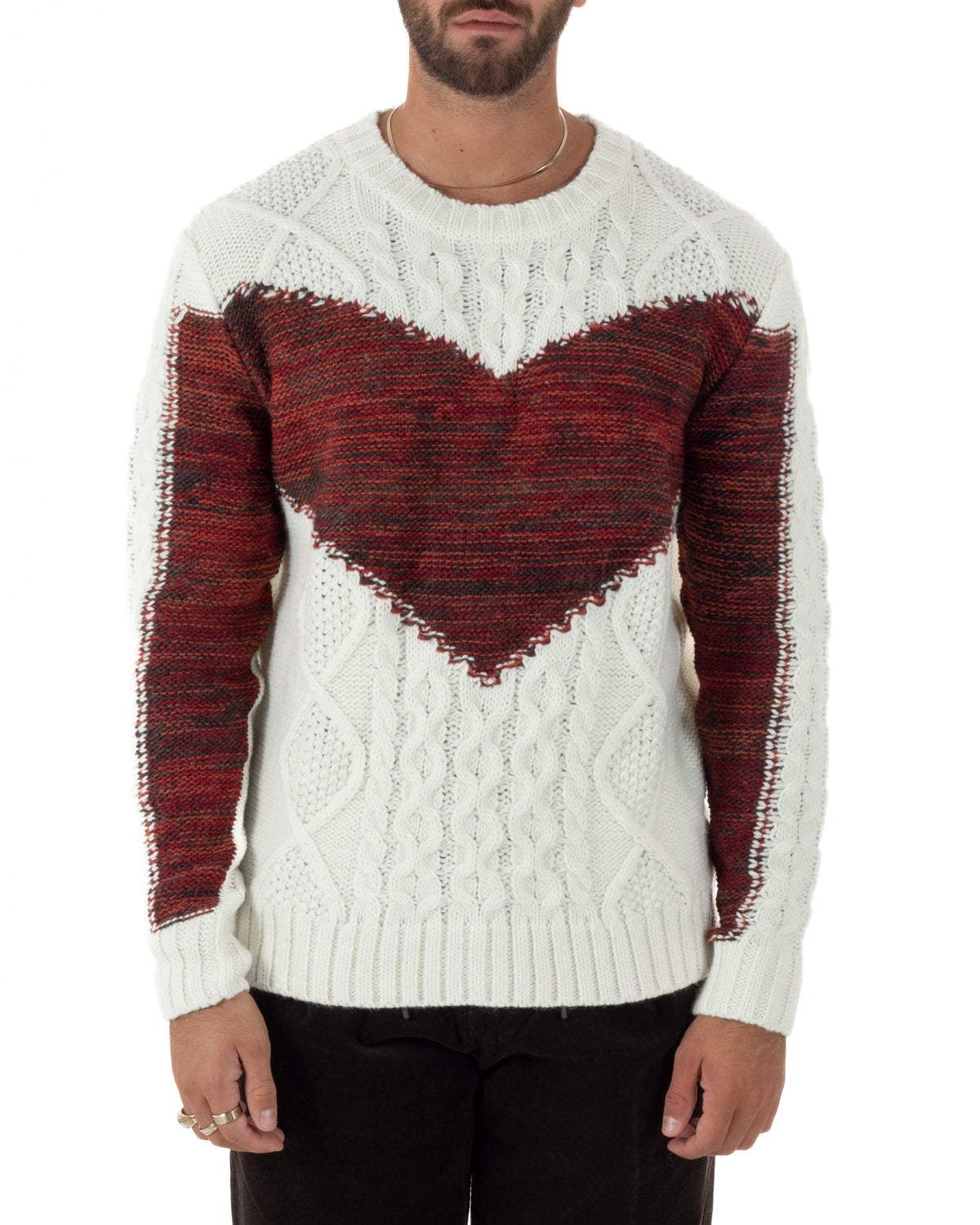 Maglione uomo girocollo con lavorazione a trecce e motivo geometrico panna Berna-M 262270-128