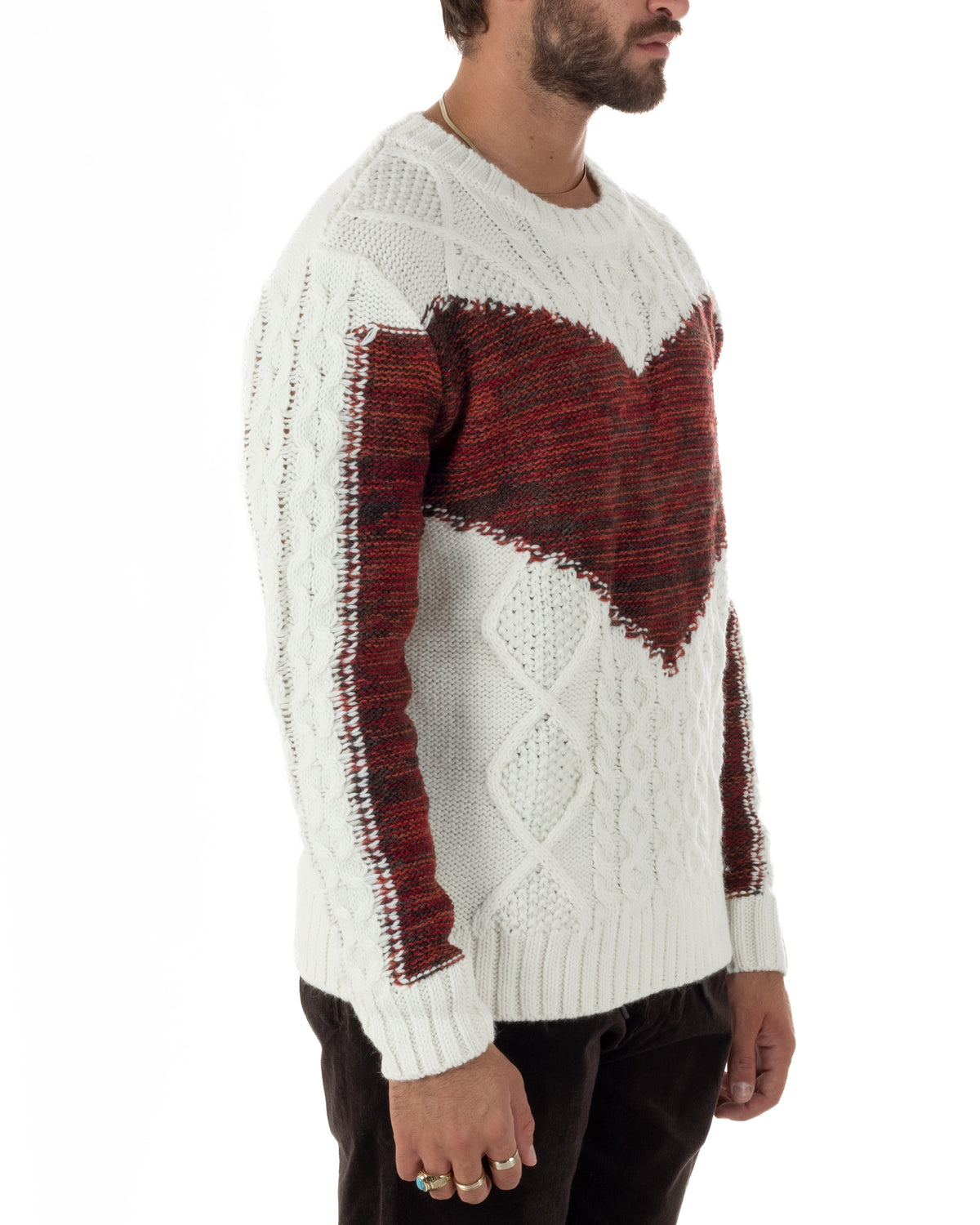 Maglione uomo girocollo con lavorazione a trecce e motivo geometrico panna Berna-M 262270-128