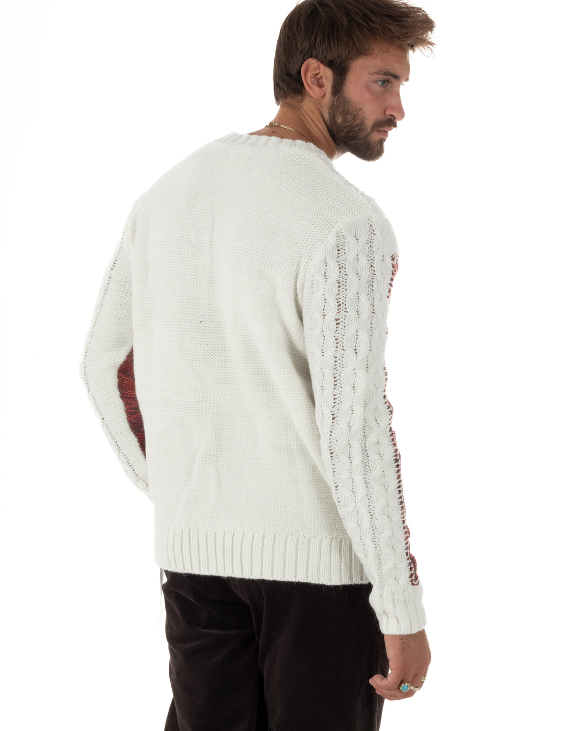 Maglione uomo girocollo con lavorazione a trecce e motivo geometrico panna Berna-M 262270-128