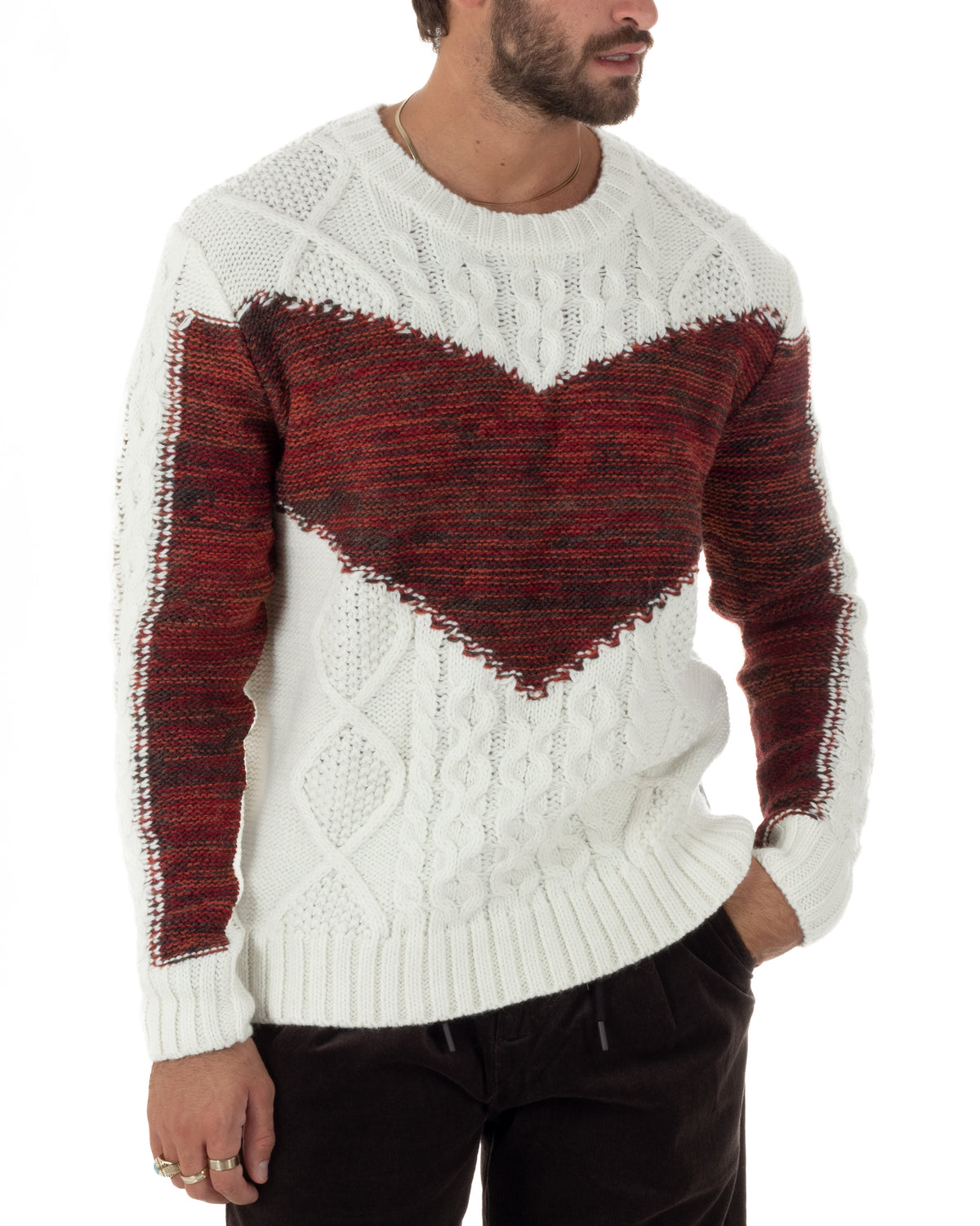 Maglione uomo girocollo con lavorazione a trecce e motivo geometrico panna Berna-M 262270-128