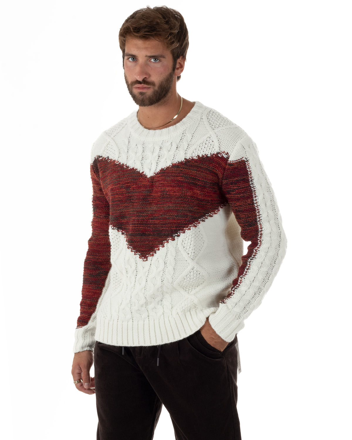 Maglione uomo girocollo con lavorazione a trecce e motivo geometrico panna Berna-M 262270-128