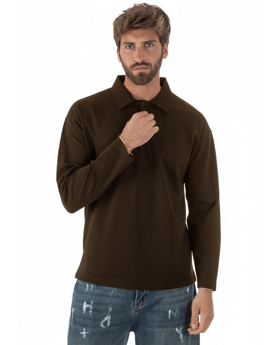 Polo uomo maglia oversize colletto spalle scese marrone GIOSAL-M3142A