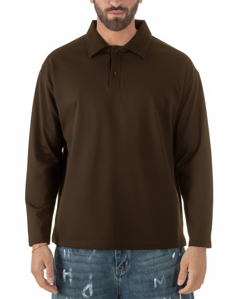 Polo uomo maglia oversize colletto spalle scese marrone GIOSAL-M3142A