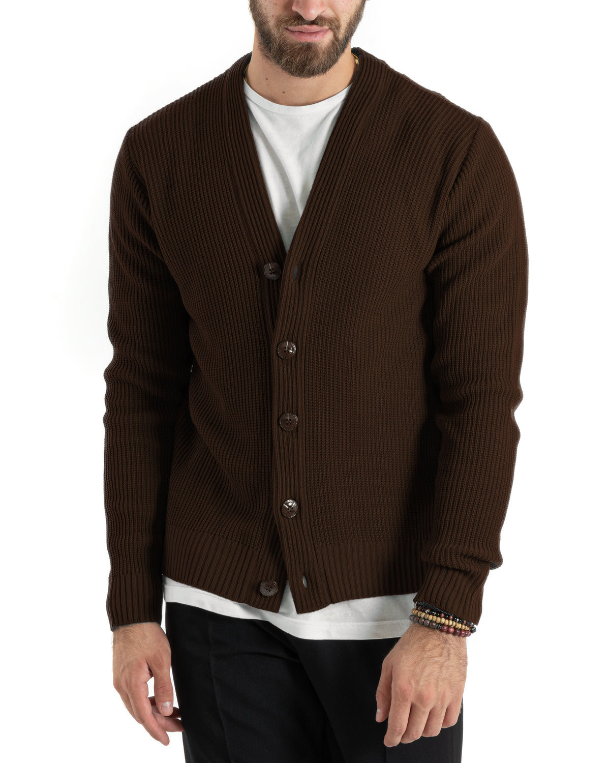 Cardigan Uomo Giacca Con Bottoni Maglioncino Scollo V Maglia Inglese Marrone GIOSAL-M3143A