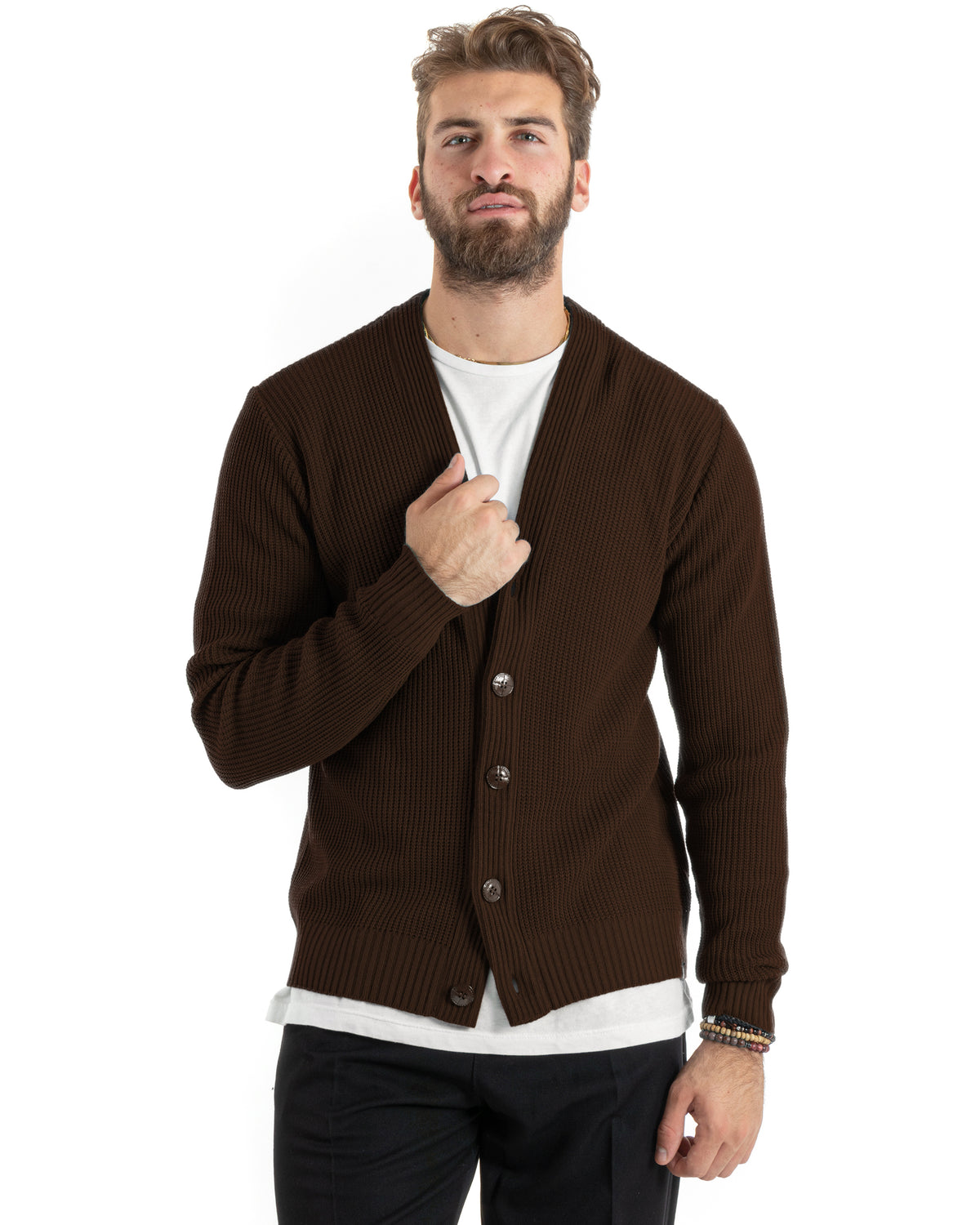 Cardigan Uomo Giacca Con Bottoni Maglioncino Scollo V Maglia Inglese Marrone GIOSAL-M3143A