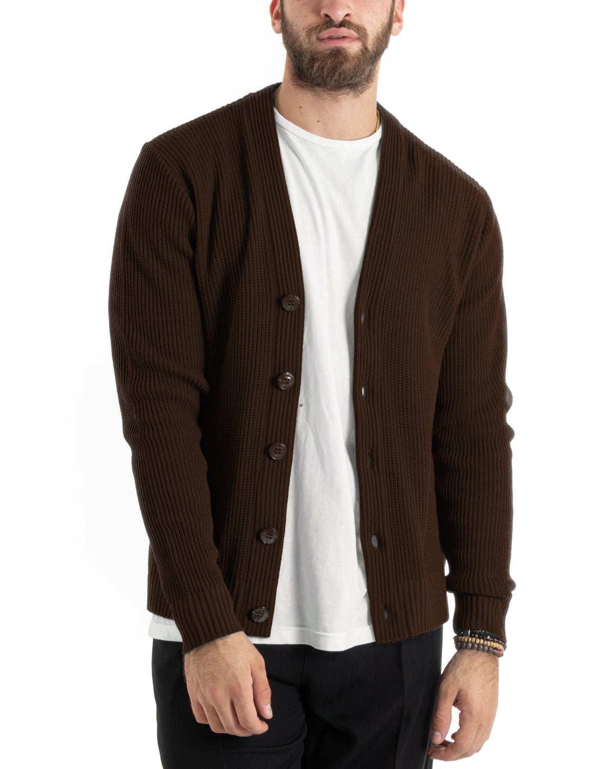 Cardigan Uomo Giacca Con Bottoni Maglioncino Scollo V Maglia Inglese Marrone GIOSAL-M3143A