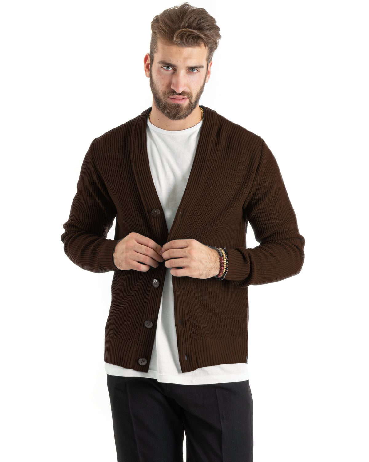 Cardigan Uomo Giacca Con Bottoni Maglioncino Scollo V Maglia Inglese Marrone GIOSAL-M3143A