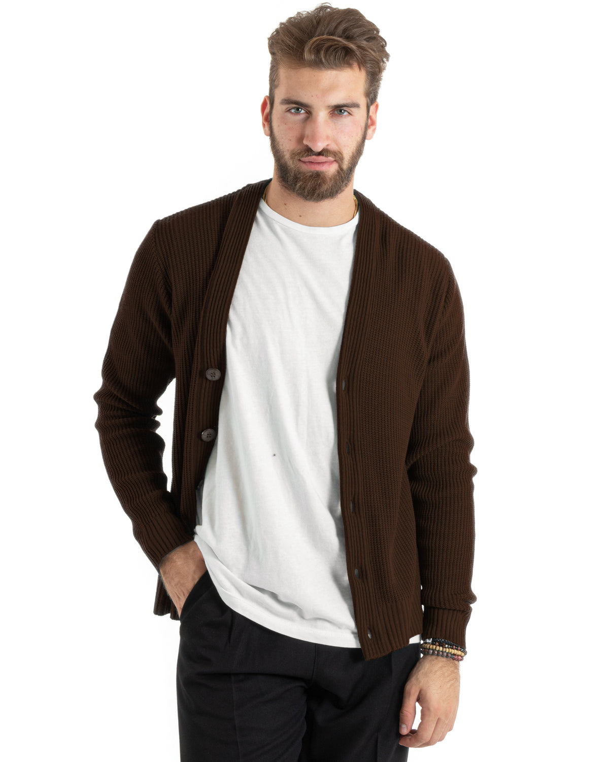 Cardigan Uomo Giacca Con Bottoni Maglioncino Scollo V Maglia Inglese Marrone GIOSAL-M3143A