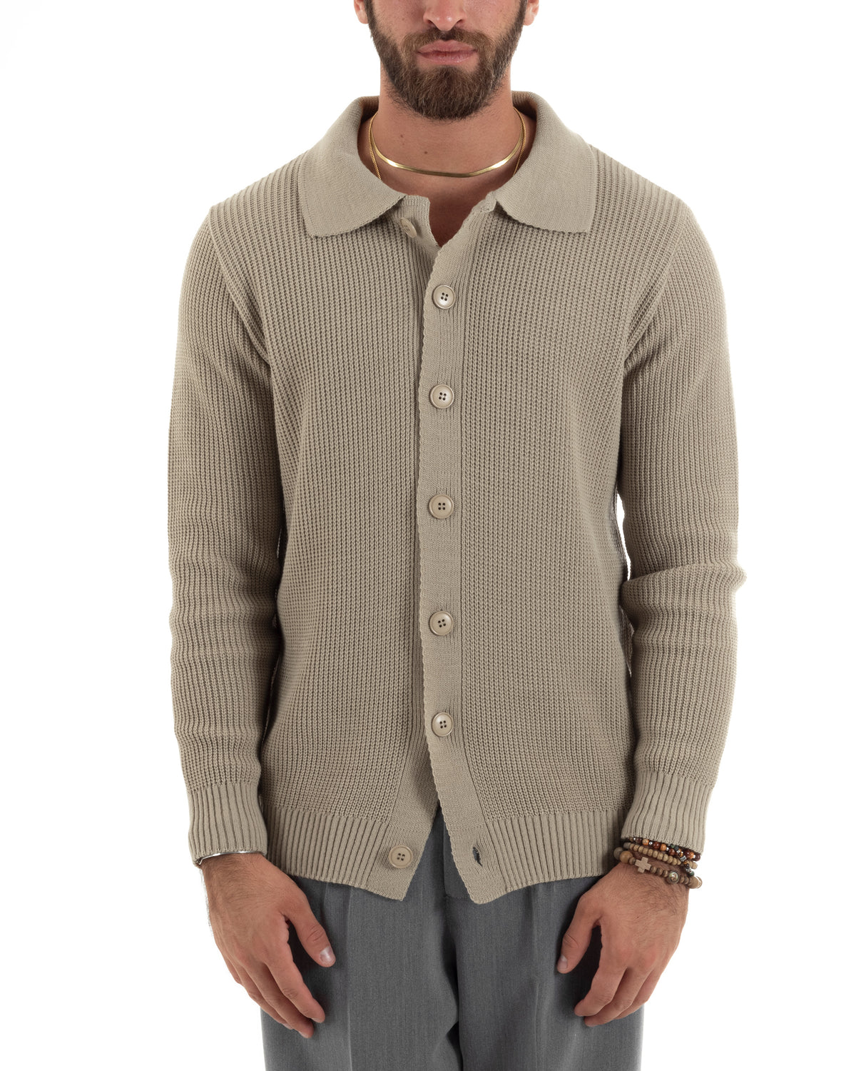 Cardigan Maglioncino Uomo Colletto Polo Bottoni Maglia Inglese Basic Fango GIOSAL-M3144A